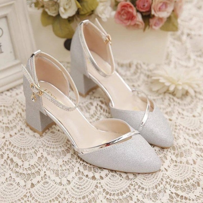 Wedding Dress - أحذية نسائية بكعب سميك لامع مع