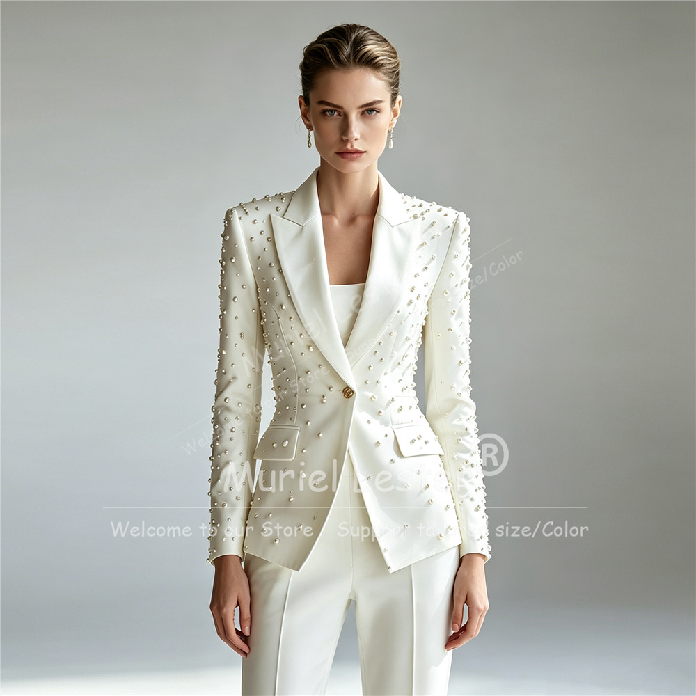 Womens Blazer - بدلات أنيقة مزينة باللؤلؤ للنساء، طقم